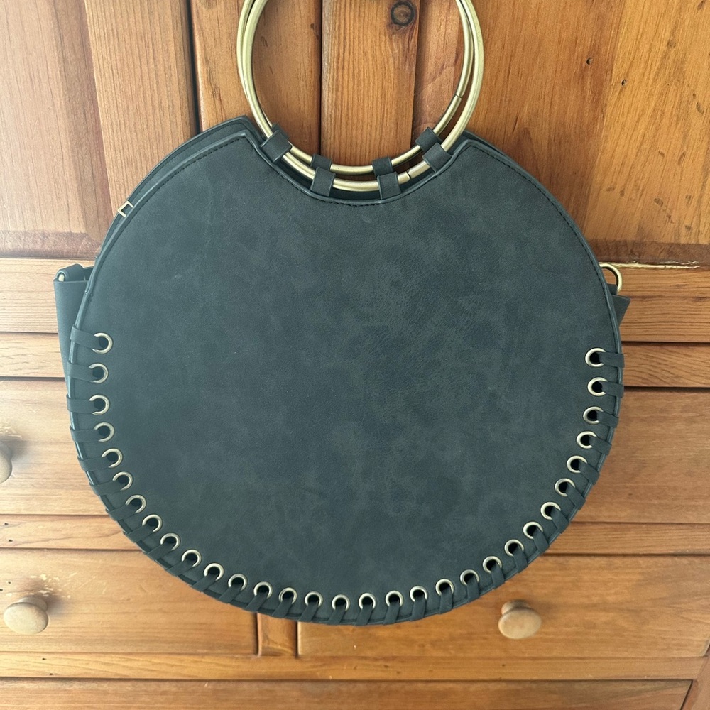 Anthropologie Chic Black Circular Hobo Bag with Brass Handles